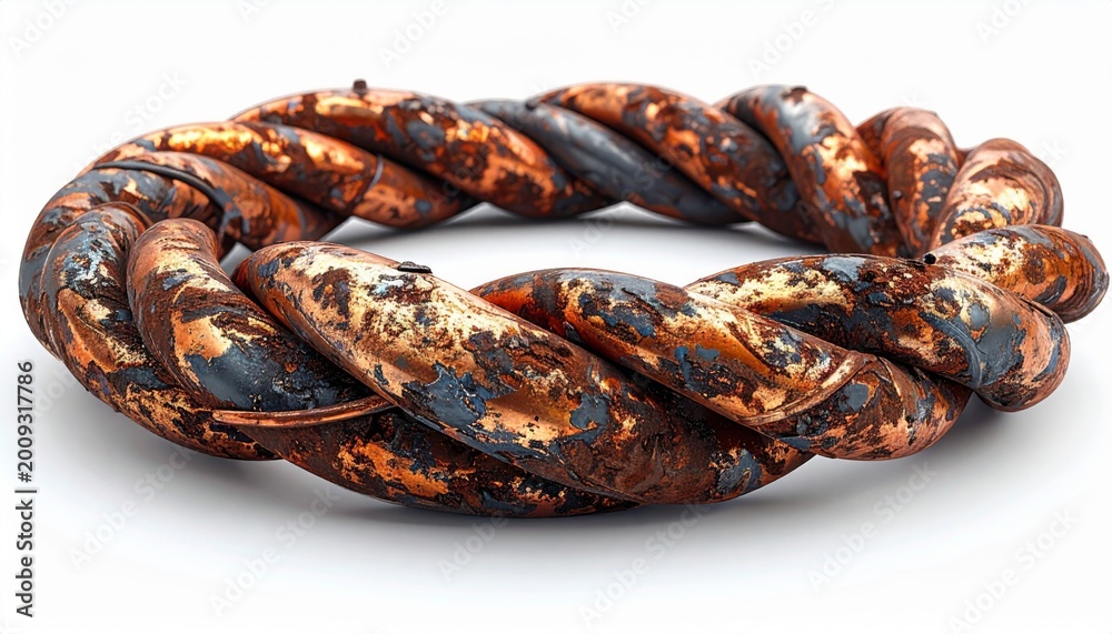 Fototapeta premium Antique Twisted Copper Bracelet with Textured Patina on White Background