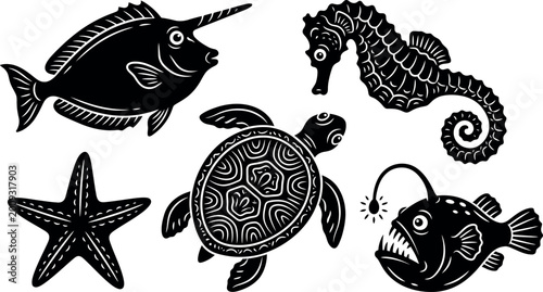 Fotografija Black and white sea creatures illustrations