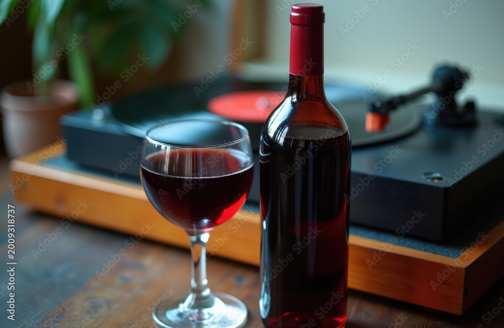 Naklejka premium Glass of red wine beside bottle near turntable with vinyl record playing. Interior scene with plant and warm lighting, perfect for relaxation.