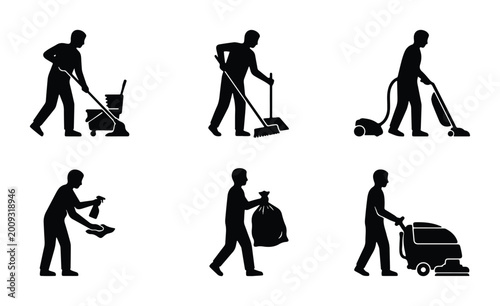 Photos Professional cleaning service silhouettes, janitor and housekeeper icons set, co