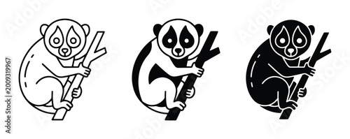 Photos Slow loris vector icon set, minimalist primate character sitting on a branch, bl
