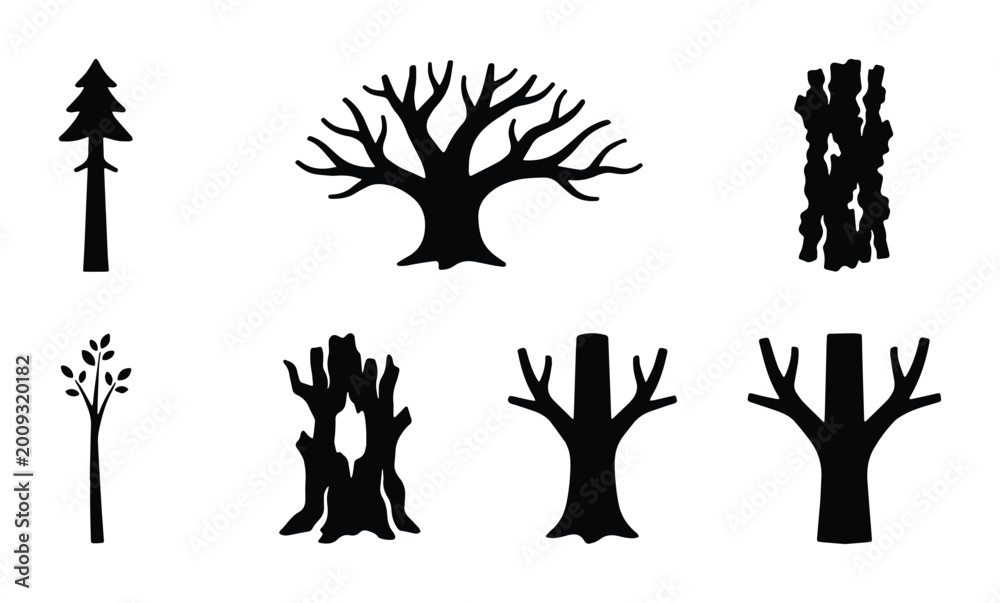Fototapeta premium Black tree silhouettes set, 7 forest plant vector icons, minimalist nature landscape elements