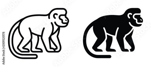 Foto Minimalist monkey vector icons, black line art and solid silhouette primate grap