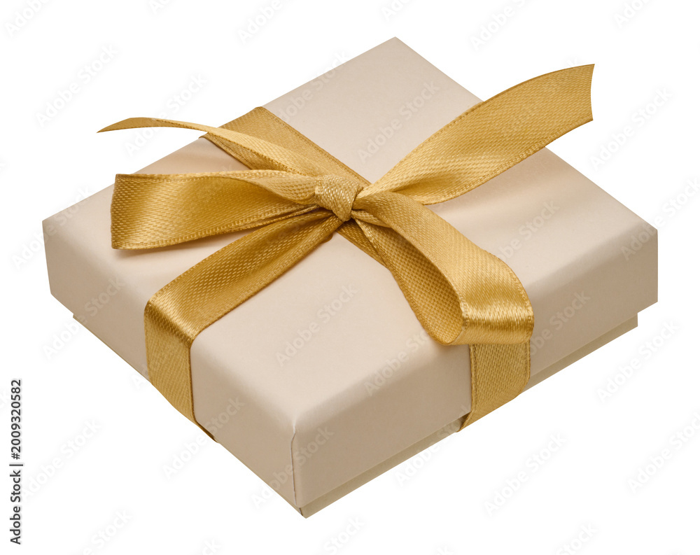 Fototapeta premium Beige gift box with golden satin ribbon on isolated background