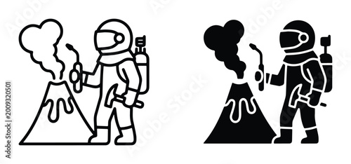 Foto Volcanologist in protective suit icon set, scientist exploring erupting volcano