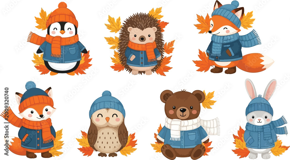 Obraz premium Cute cartoon animals wearing winter sweaters and hats with autumn leaves isolated on transparent background, isolated on white background, Vector