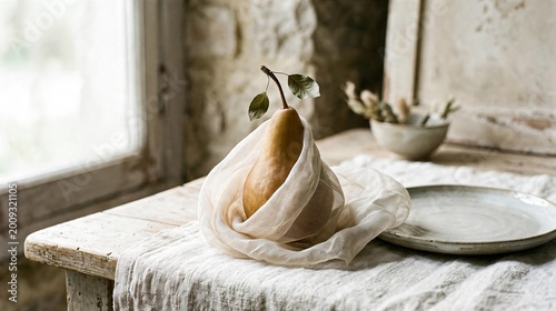 Pear Wrapped in White Linen on Rustic Table by Window