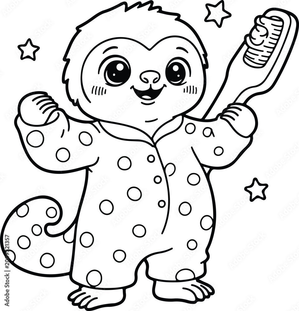 Fototapeta premium Cute baby sloth wearing pajamas and holding a toothbrush adorable funny animal character for children coloring books and elementary school health projects