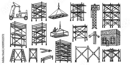 Black and White Scaffolding Icons Set, Construction Industry Vector Art
