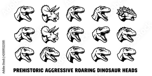 Prehistoric Aggressive Roaring Dinosaur Heads Vector Icons Set - Black and White Glyphs
