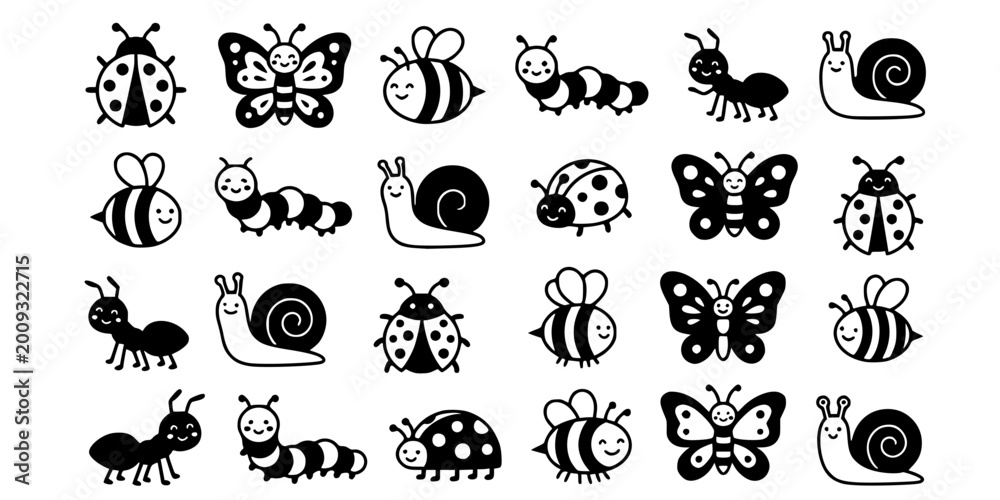 Fototapeta premium Cute Cartoon Insects Flat Vector Set - Kids Nature Illustration 