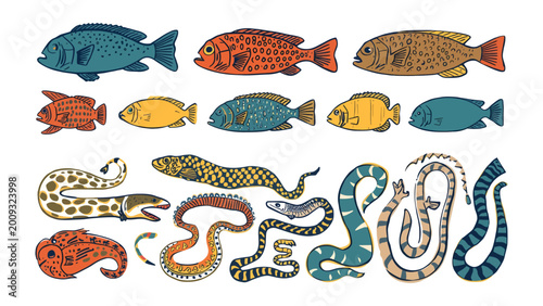 Foto A Colorful Collection of Aquatic Creatures: A vibrant assortment of marine life, including diverse fish and serpentine aquatic animals, rendered in a detailed and artistic illustration