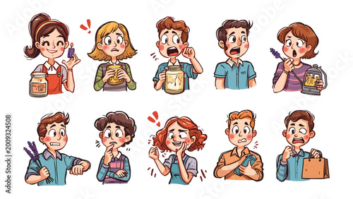 Cuadro en lienzo Facial Expressions: A vibrant array of illustrations captures diverse human faces, showcasing a spectrum of emotions and states of mind, from bewilderment to surprise