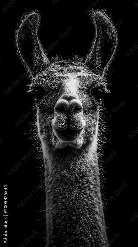 Fototapeta premium Black and white portrait of a curious llama