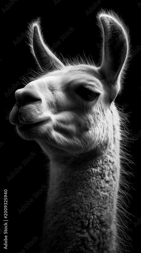 Fototapeta premium Black and white portrait of a curious llama