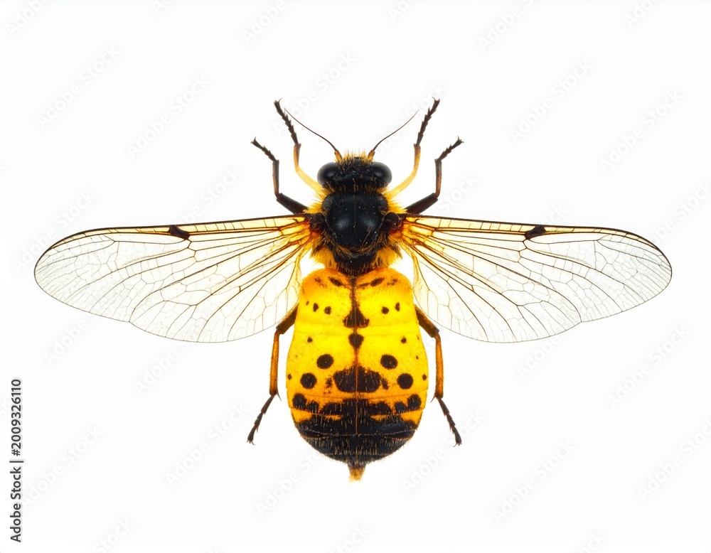 Fototapeta premium Detailed Top View Of A Yellow And Black Striped Hoverfly Insect With Transparent Wings Isolated On White
