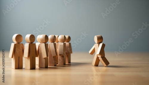 Wooden figures show group conformity with one person stepping away. Represents individuality, leadership, and breaking from the norm. Teamwork contrast, decision making concept.