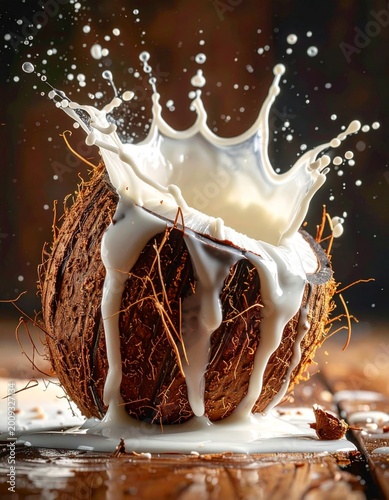 Coconut Milk Splash Explosion Over Whole Coconut With Fibers Natural Tropical Drink