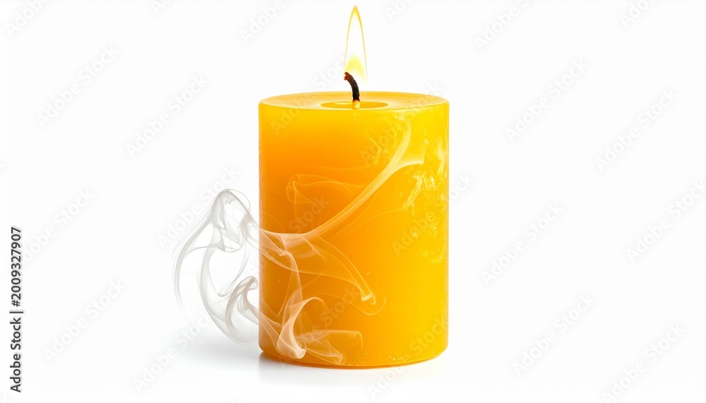 Obraz premium Yellow Pillar Candle Burning Brightly With White Wax Drips on White Background Studio Shot