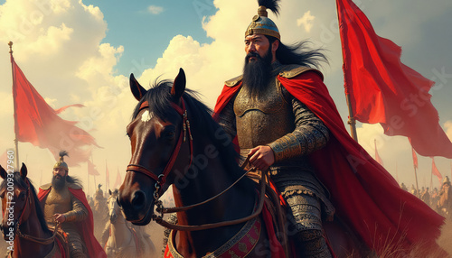 Mongol leader on horseback with red cape and armor. Warriors with red flags follow across the field. Army advances under cloudy sky. Conquest and battle theme. Epic historical scene.