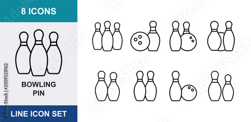 Canvastavla 8 Bowling pin linear icon set ball, strike, spare, sports equipment, UI and web