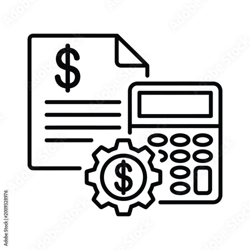 Financial document calculator and gear icon for business accounting and cost management accounting calculator