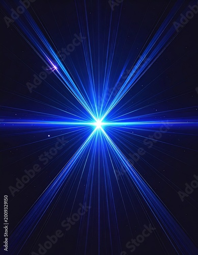 Abstract Blue Light Streaks Converging on Bright Center Point Dark Background