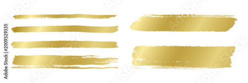 Golden paint brush set, grunge line of watercolor. Dirty uneven hand drawn stripes. Collection of horizontal silhouettes, decorative elements with torn rough edge. Vector illustration