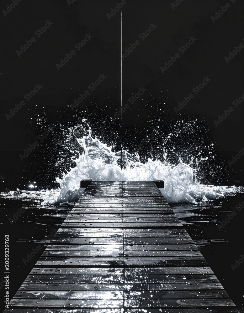 Fototapeta premium Wooden Pier Over Dark Water With Bright Splash Illuminated by Dramatic Light