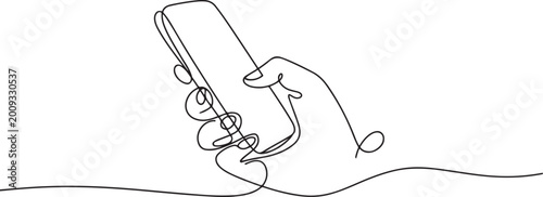 Continuous one line drawing. Human hand holding smartphone. Linear style. one line Icon drawing