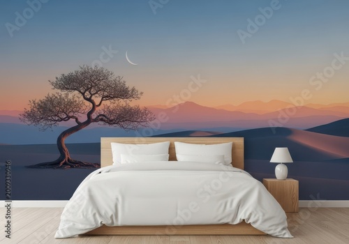 Serene bedroom scene with mountain view and moonlit sky