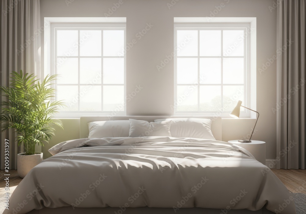 Fototapeta premium Serene bedroom featuring a large bed with natural lighting and a small indoor plant.