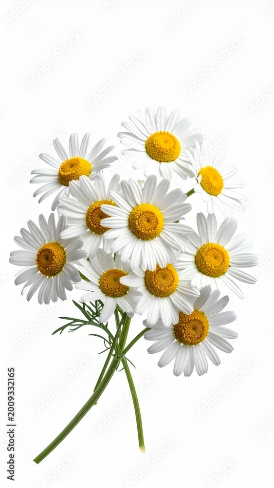 Obraz premium White Chamomile Flowers with Yellow Centers and Green Stems Isolated on White