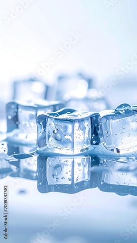 Close Up Of Clear Ice Cubes Melting On A Reflective Surface With Water Droplets