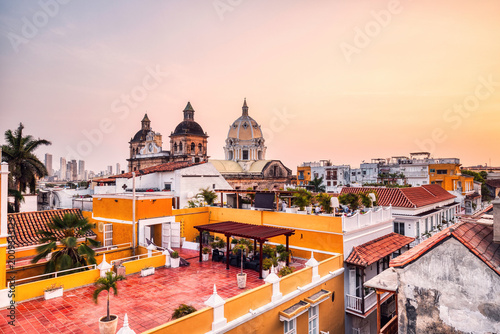 Colonial Cartagena Skyline with San Pedro Claver Church at Sunset, Colombia