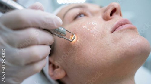 Woman undergoing professional facial laser treatment at a beauty clinic