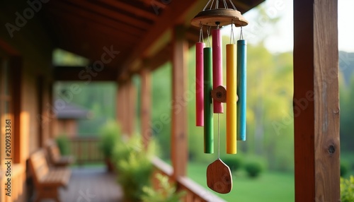 Colorful wind chimes hang on a wooden porch. Gentle breeze makes melodic sounds. Peaceful outdoor decor for home relaxation and calm garden.