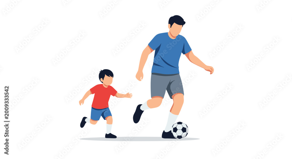 Fototapeta premium Man and boy playing soccer together on field