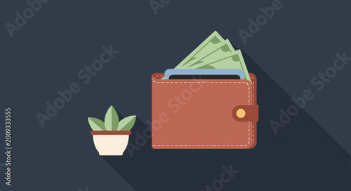 Brown leather wallet with money and small potted plant