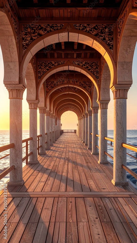 Fototapeta premium Architectural walkway with arched openings and ornate details overlooking the ocean at sunset