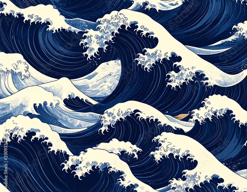 Deep Blue Ocean Waves Crashing with Creamy White Foam Under Natural Lighting