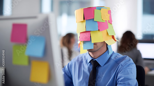 Overwhelmed office worker with colorful sticky notes covering face, symbolizing stress, multitude of tasks, and disorganization in a modern workspace