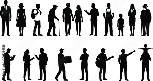 Large collection of diverse people silhouettes including business professionals elderly citizens children and workers isolated on white background for design
