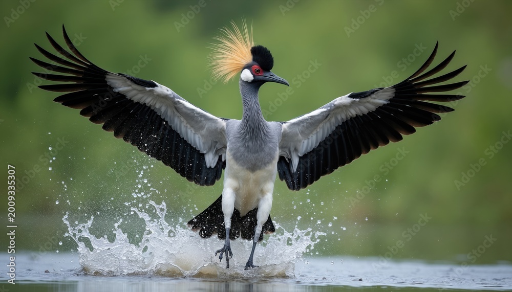 Fototapeta premium Grey crowned crane takes flight from water splashing. Bird spreads wide wings in motion. Ornithology subject with distinctive crest in natural habitat. Wildlife fauna action scene.