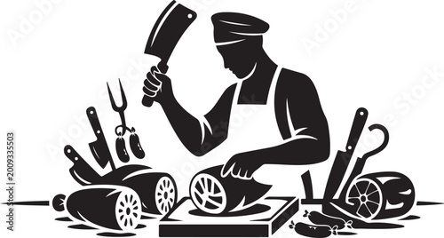 Photos Butcher at work a black and white illustration of meat preparation