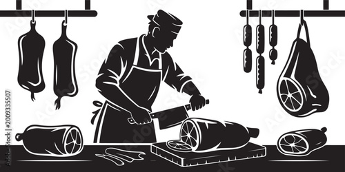 Tableau sur toile Butcher at work a black and white illustration of meat preparation