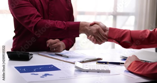 Businesswoman handshake and business people. Successful business concept. Banner background, panoramic view.
