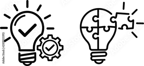 Tableau sur toile Idea generation and problem solving lightbulb icons with check and puzzle