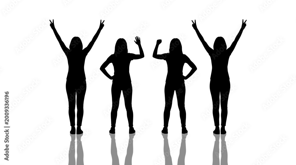 Fototapeta premium Four joyful women silhouettes standing with raised arms in a powerful victory pose isolated on a clean white background for empowering success and teamwork concepts