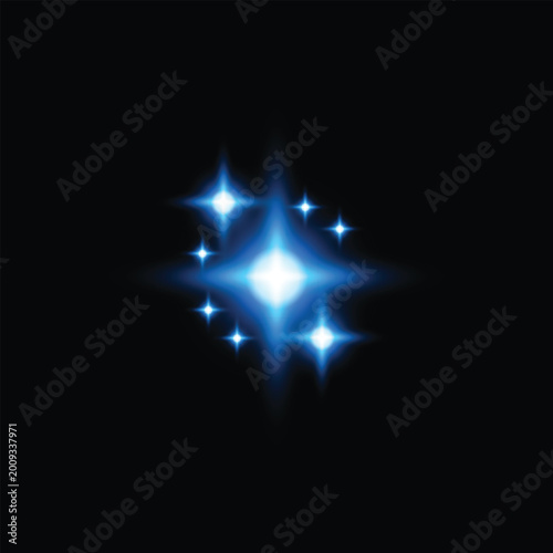 Brilliant blue light effect sparkling starburst and radiant glow on black background